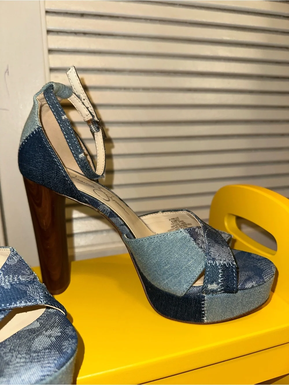 Jessica Simpson Patchwork Blue Denim Platform Sandals with Ankle Strap